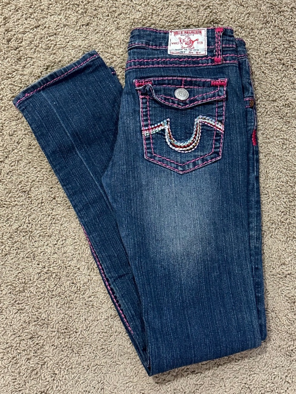 HTF True Religion JOEY Pink Stitch & Rainbow Embroidered Jeans Size 31 - Picture 1 of 7